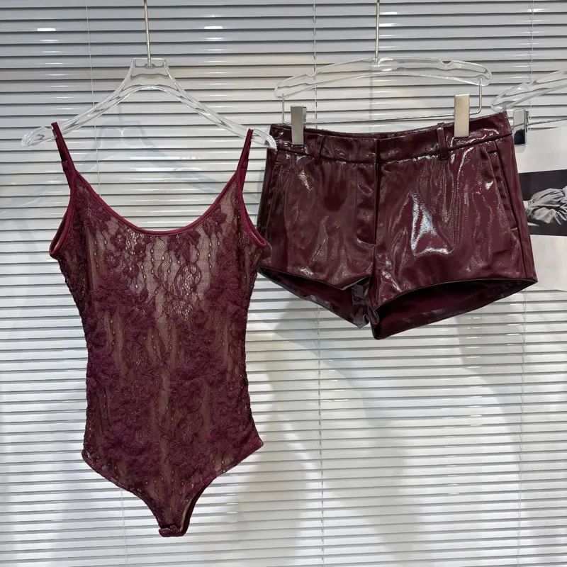 

2026 Autumn New Collection Sleeveless Sexy Lace Bodysuits Tank Top Pu Faux Leather Shorts Two Piece Set Outfits