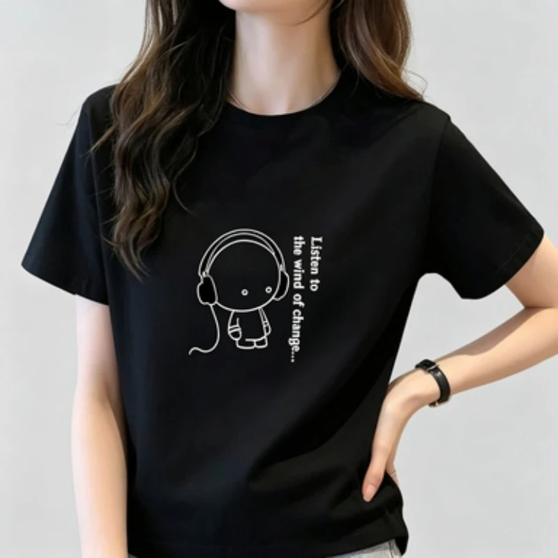 Women Listen to The Wind of Change Print T-Shirt Headphone Cartoon Graphic Casual Short Sleeve Round Neck Tee Top White Black