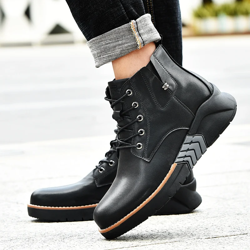 Men Boots Elevator Booster Shoes Height  Increase  Insole 7cm Leather Man Motorcycle  Winter Fashion