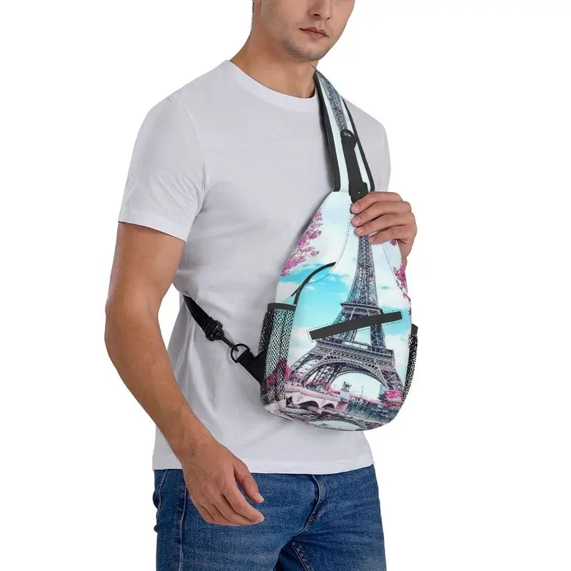 Casual Eiffel Tower Floral Sling Bag for Travel Hiking Men Chest Crossbody Backpack Shoulder Daypack