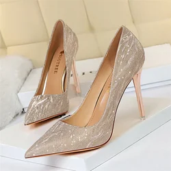 2024 Fashion Comfort Wedding Single Shoes Shallow Mouth Thin High Heel Woman Pumps Pointed Toe Elegant Sequins Sandals