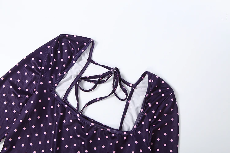 Weird Puss Sexy Mode-Playsuits für Damen, Polka-Dot-Print, quadratischer Kragen, lange Ärmel, figurbetont, Pfirsichfarben, für Mitternachtsclub-Partys – Detail 16