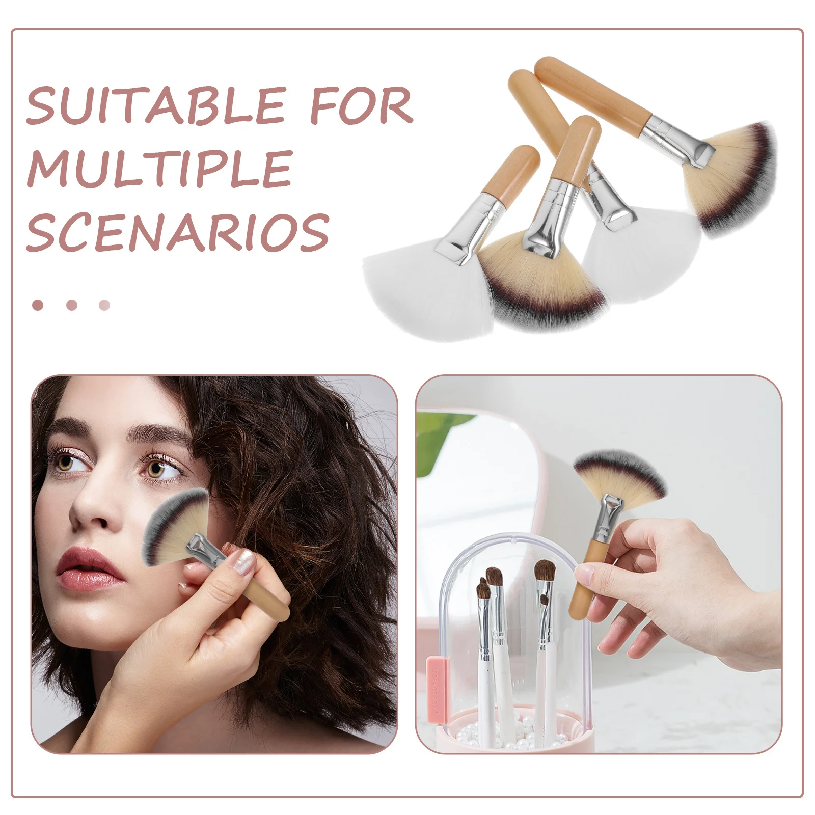 แปรงแต่งหน้าแบบพัดลม 4 ชิ้น คุณภาพพรีเมียม ด้ามยาว สำหรับรองพื้น บลัชออน แป้งไฮไลท์ เนื้อนุ่ม ไม่หลุดร่วง