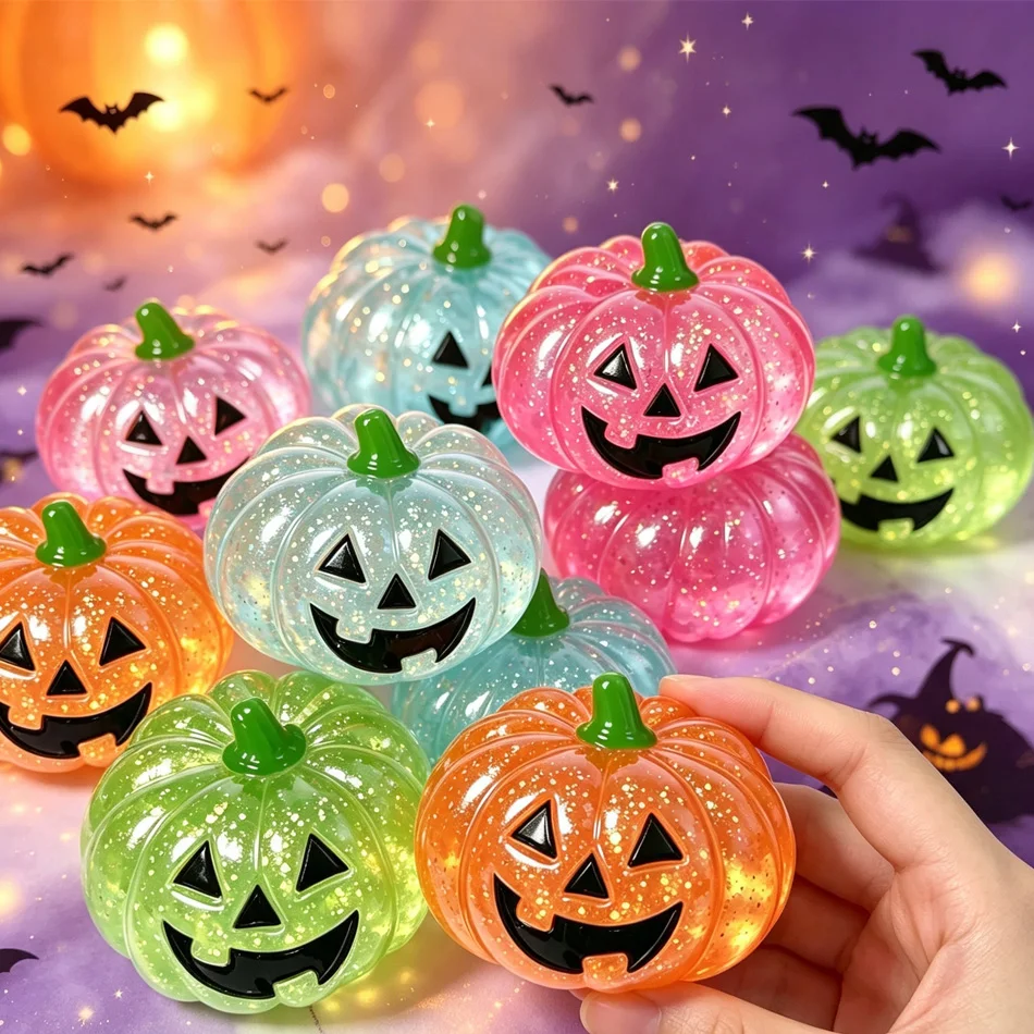 透明グリッターパンプキンスクイーズフィジェットトイ-ハロウィンストレス解消おもちゃ-不気味なパンプキンオーナメント-ハロウィンパーティーギフト