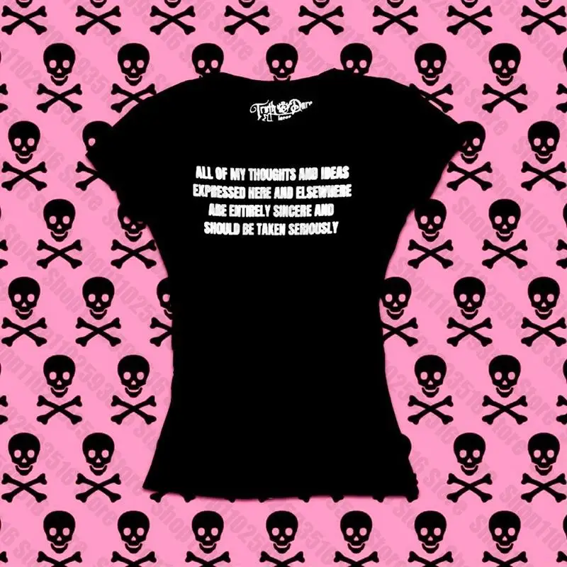 Street Punk Letter Print Black Gothic Baby Tee Vintage Women Grunge T-shirt Y2k Clothes Aesthetic Cute Emo girl Slim Crop Top