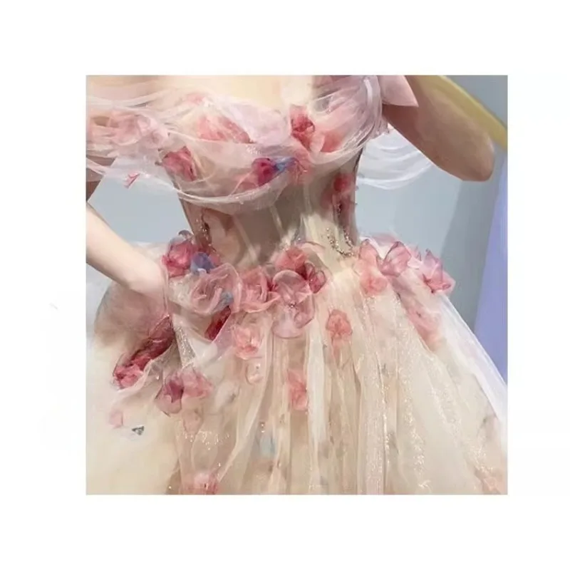 Women's High Quality Luxury Sweet Three Dimensional Flower One Shoulder Small Tail Wedding Dress Bridal Banquet Evening Dress