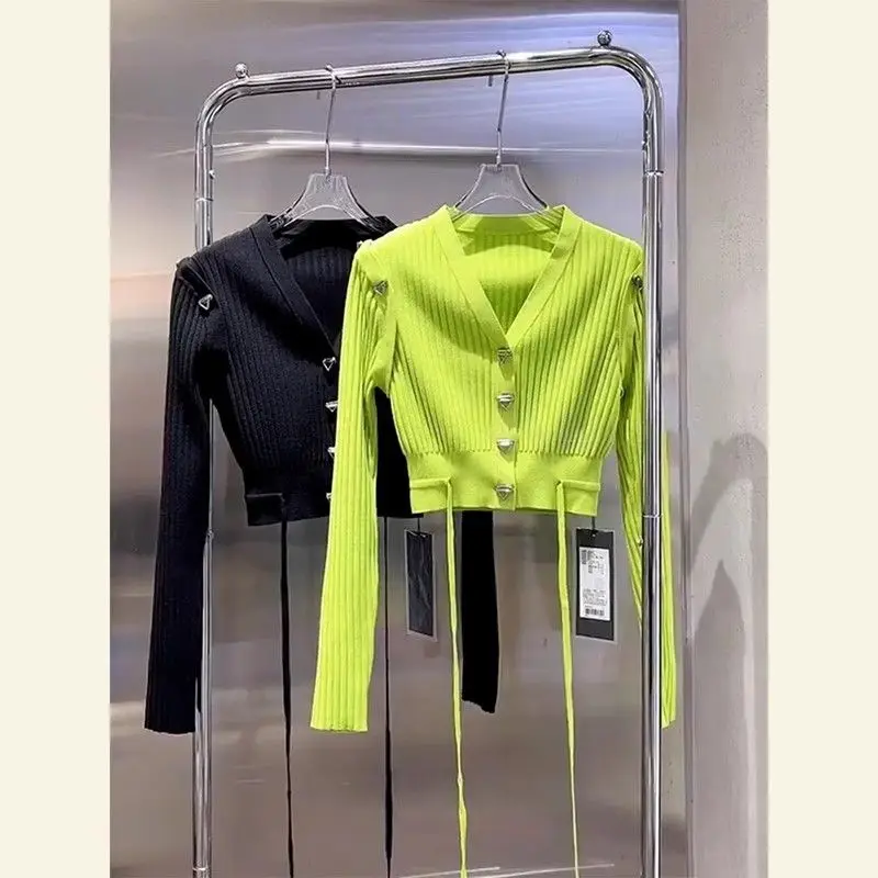 

Spring Summer Trend Drawstring Solid Color V-neck Knitting Cardigan Female Casual Korean Irregular Long Sleeve Off Shoulder Tops