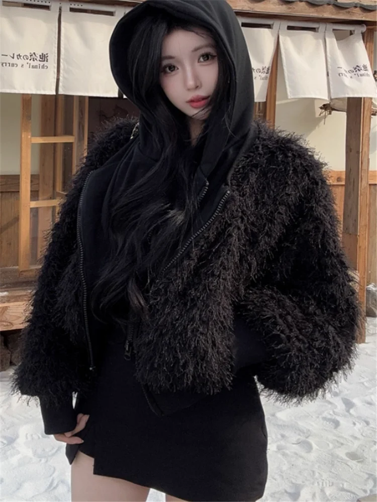 Fall Winter Fashion Women Black Khaki Plush Jacket Fake Two Pieces Retro Faux Fur Hooded Jacket Loose Casual Short Fluffy Coats