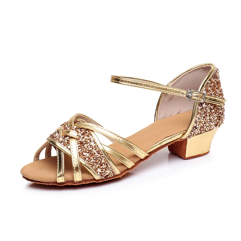Girls Latin Dance Shoes Tan Low Heel Kids Ballroom Practice Performance Salsa Tango Cha Cha Dance Shoes Glitter
