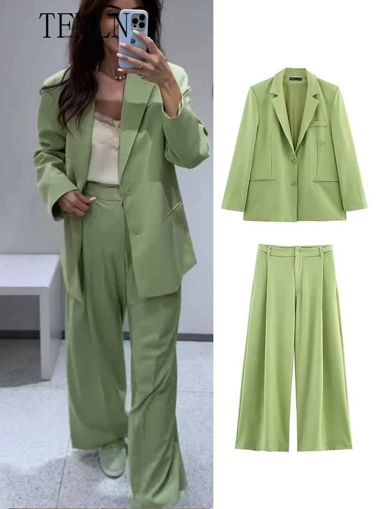 

TFMLN Simple 2025 Woman Loose Blazer Pant Suit Fashion Notched Single Breasted Casual Jacket High Waist Straight Pants Outfits