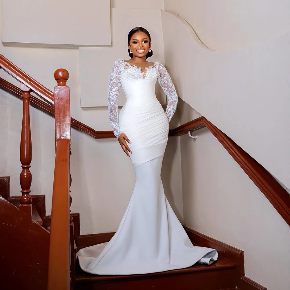 Vestidos de novia de satén de lujo 2 en 1, estilo sirena para novia, encaje, manga larga, tren desmontable, personalizado, 2026