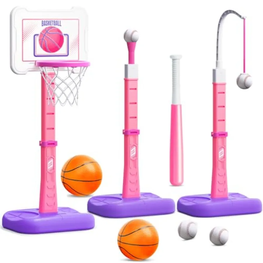 

3 in 1 Basketball Hoop and T Ball Set Adjustable Height Toddler Basketball Hoop Hanging Tee Baseball Indoor Outdoor Sports Toys