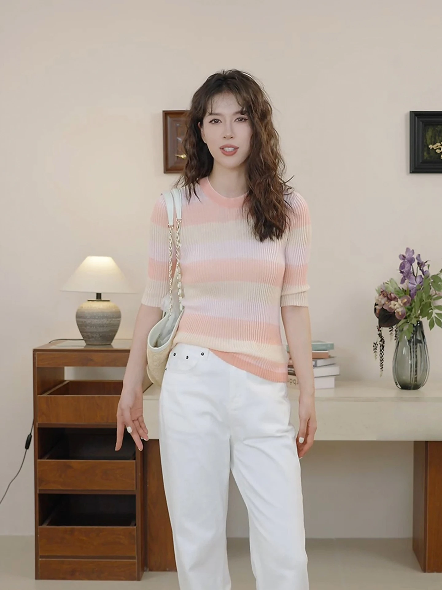 

Nana High Waist DMX Color Block Slim Fit Knitted T-Shirt Women's Striped Short Sleeve Casual Style Quick Dry round Neck Top