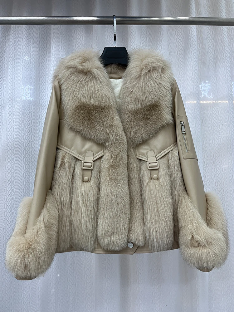 Manteau en fourrure de renard naturel pour femme, veste en duvet d'oie, cuir véritable, optique de luxe, chaud, combinaison féminine, hiver, nouveau, 2024