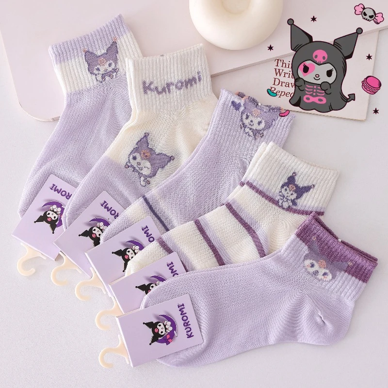 

5pcs Sanrio Kuromi Kids Socks Girls Cute Cartoon Patterned Comfy Breathable Baby Floor Socks 2-12Ys Mid-tube Cotton Socks Gift