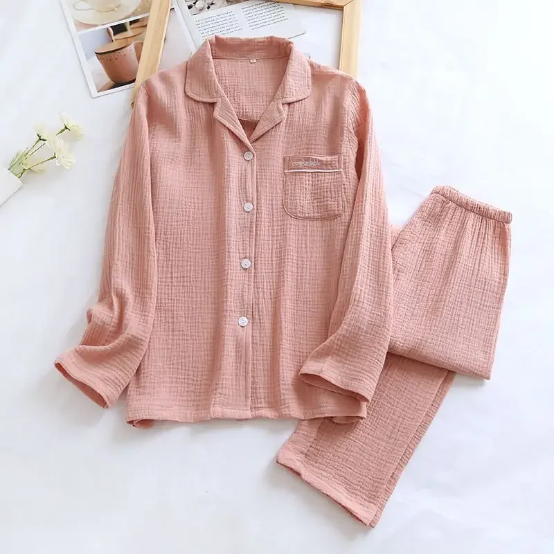 Women's Pure Cotton Washed Crepe Long-Sleeved Pajamas Double-Layer Gauze Homewear Suit Spring Female Simple Loose Sleepwear Set