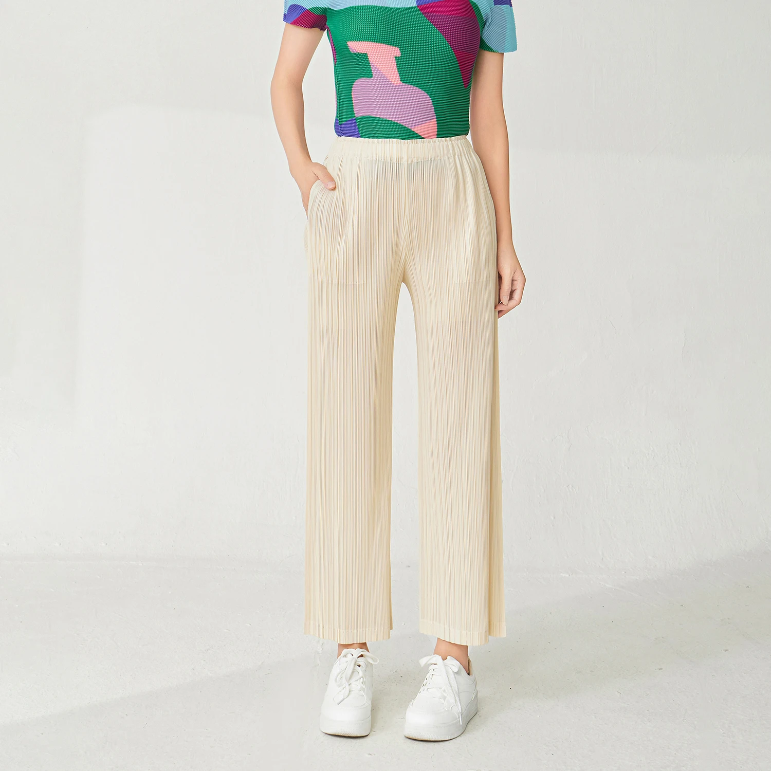 Miyake Women's High-Waist Pleated Wide-Leg Straight Pants Casual Style With Loose Fit Breathable for Spring and Summer