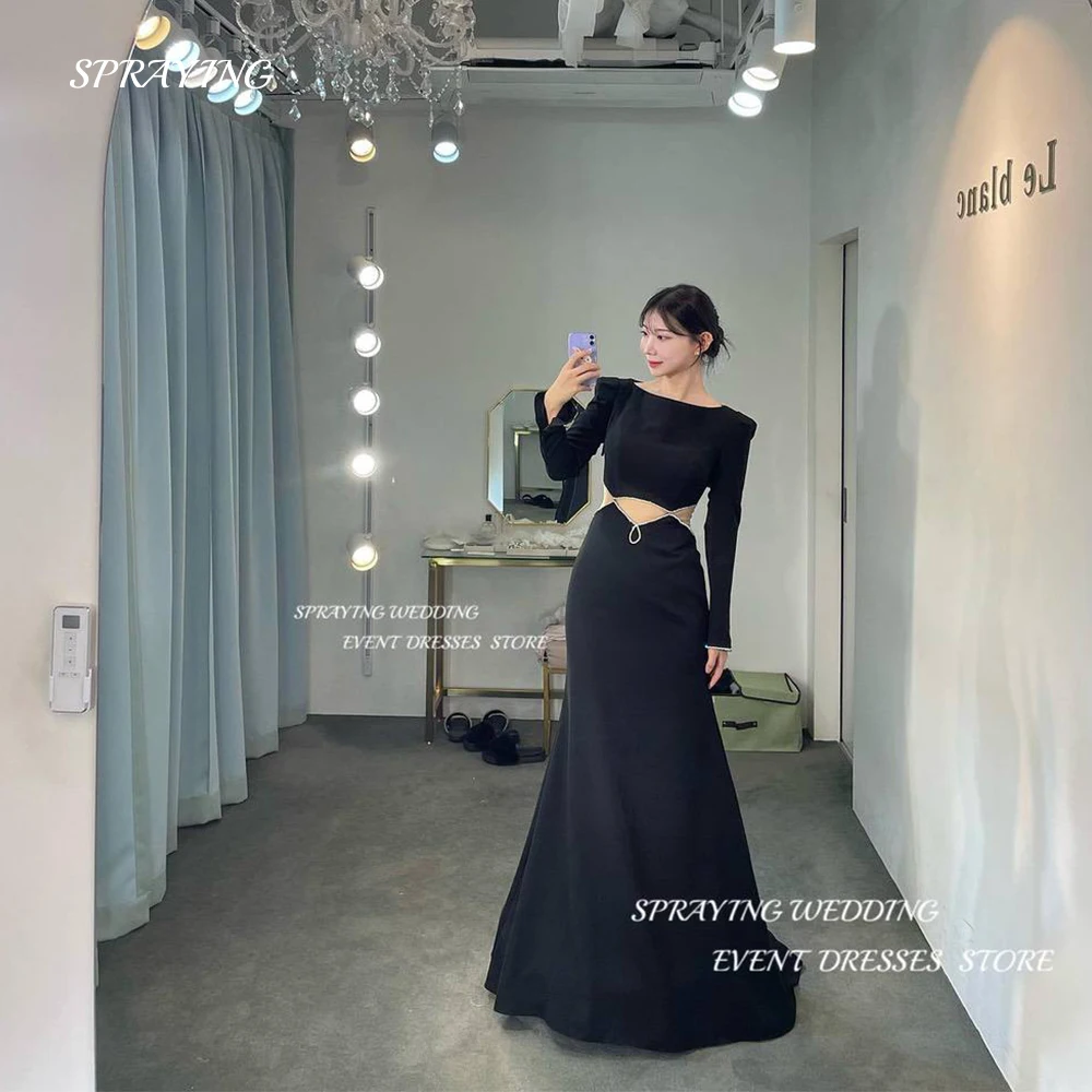 SPRAYING Simple Black A Line Wedding Dress Long Sleeve Leaky Waist Bridal Gown O Neck Evening Party Dresses For Korea Photoshoot