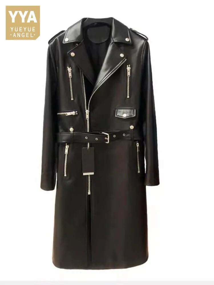 High Street Fashion Women Genuine Leather Long Coat Punk Style Slim Fit Zipper Medium Length Motorcycle Black Sheepskin Trench