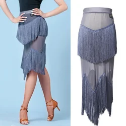 Latin Dance Skirt For Women New Mesh Stitching Double-Layer Tassel Skirts Female Adult Rumba Chacha Latin Practice