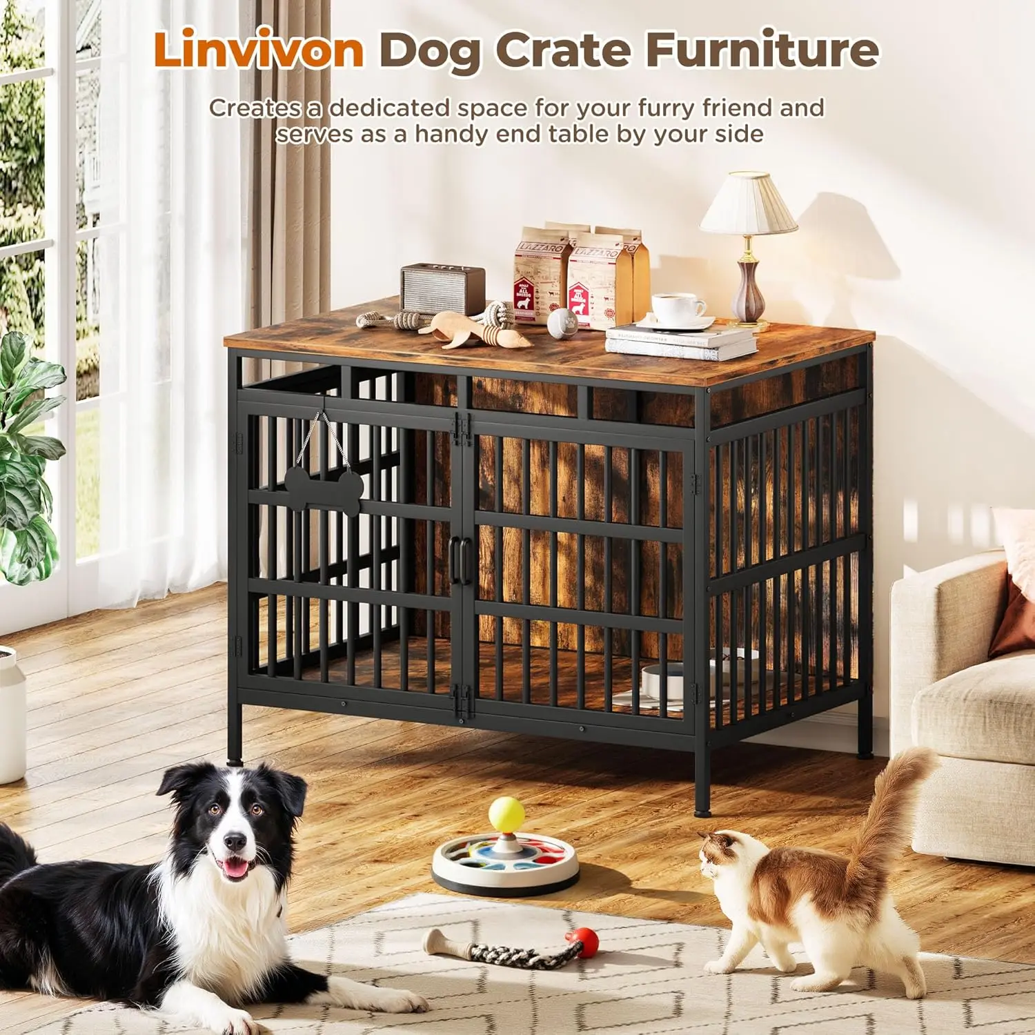 أثاث على شكل صندوق للكلاب مقاس 47 بوصة، بيت للكلاب شديد التحمل للكلاب الصغيرة والمتوسطة والكبيرة، أبواب مزدوجة للديكور الداخلي، قفص بيت الحيوانات الأليفة #2