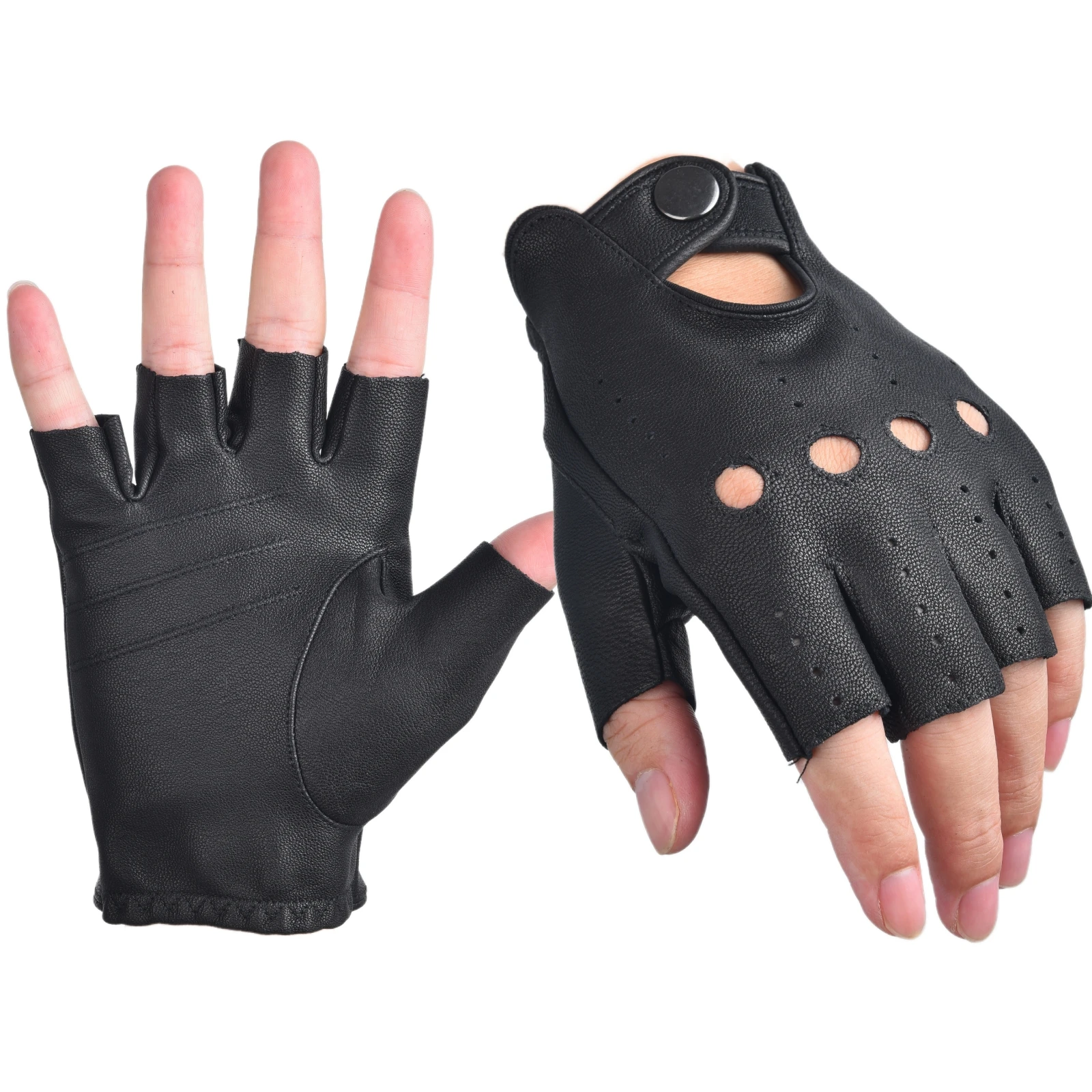 Mens Fingerless Gloves Half Finger Leather Driving Gloves Genuine Leather Sheepskin Outdoor Gloves for Men Black