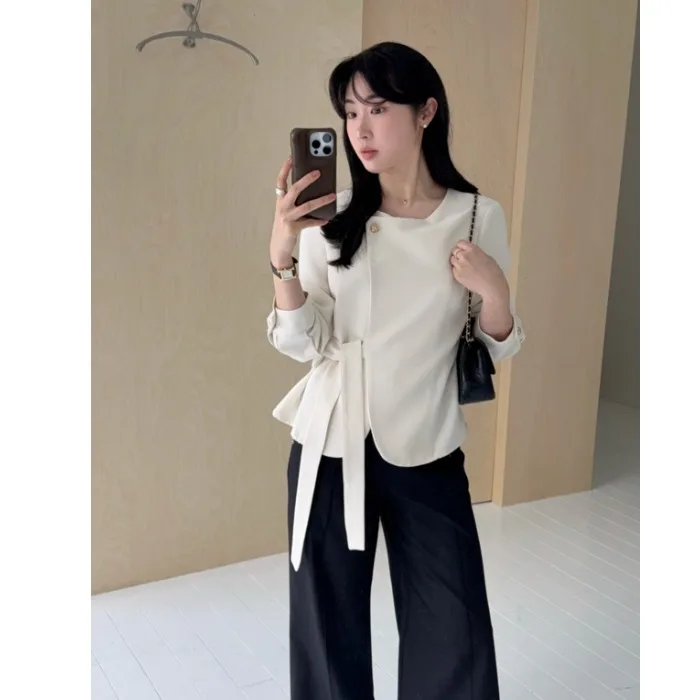 Korean Style Thin Belted Long Sleeve Women's Jacket Simple Versatile Design Basic Top Comfortable Fit Regular Length Shirt