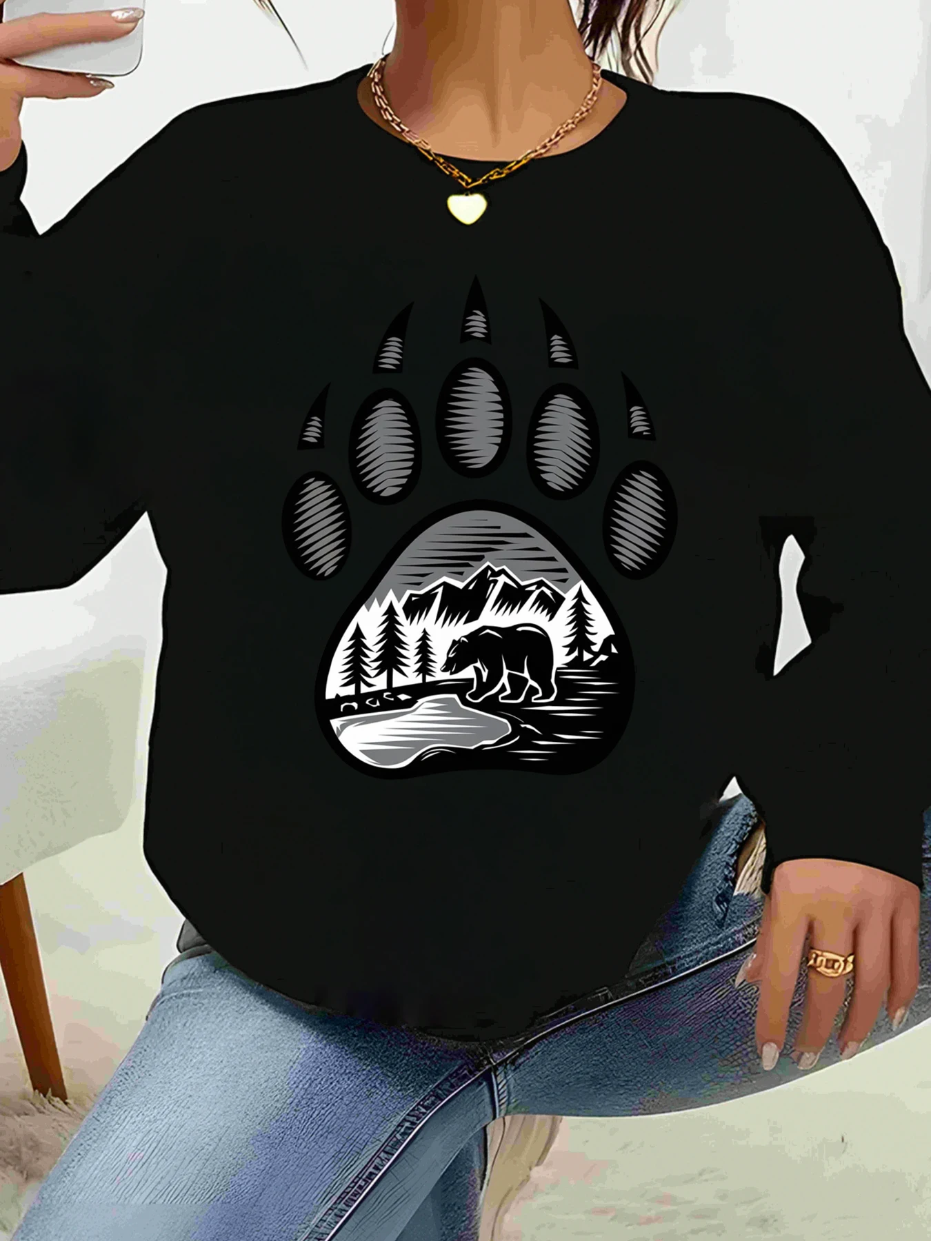 

Толстовка с круглым вырезом с принтом медвежьей лапы, горная сцена, осенне-зимняя повседневная одежда для женщин
