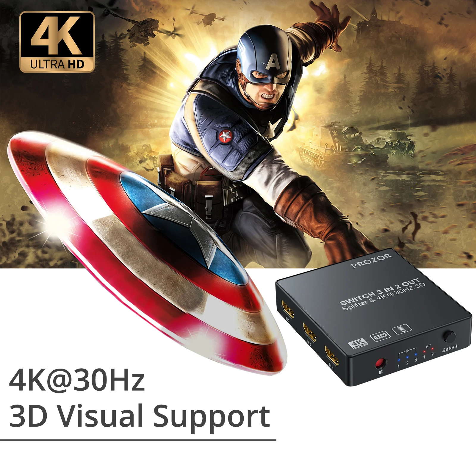 PROZOR-conmutador 3 en 2 compatible con HDMI, Hub de conmutación automática, compatible con HDMI 1,4, divisor con soporte remoto 4k 3D
