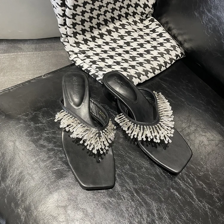 Dave&Di French Fashion Ladies Sandals Middle Summer Heel Slipper Sandals Women Mules Vintage Tassel Elegant Ladies