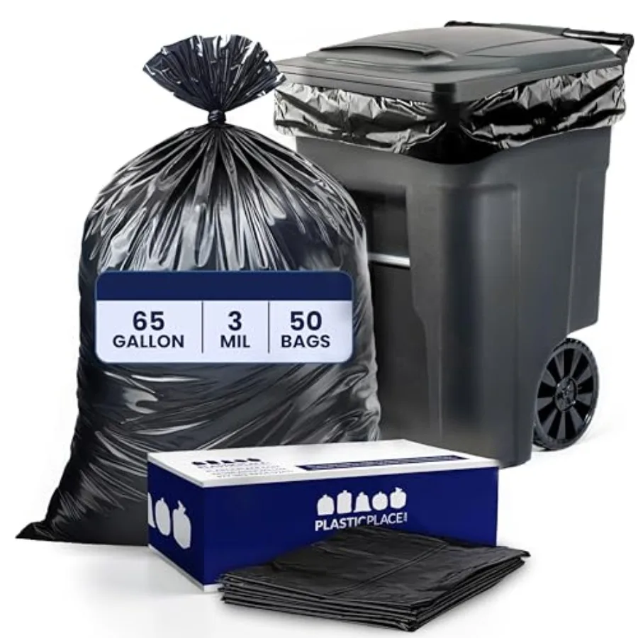 

65 Gallon Trash Bags │ 3.0 Mil │ Black Heavy Duty Garbage Can Liners │ 50" X 48" 50Count