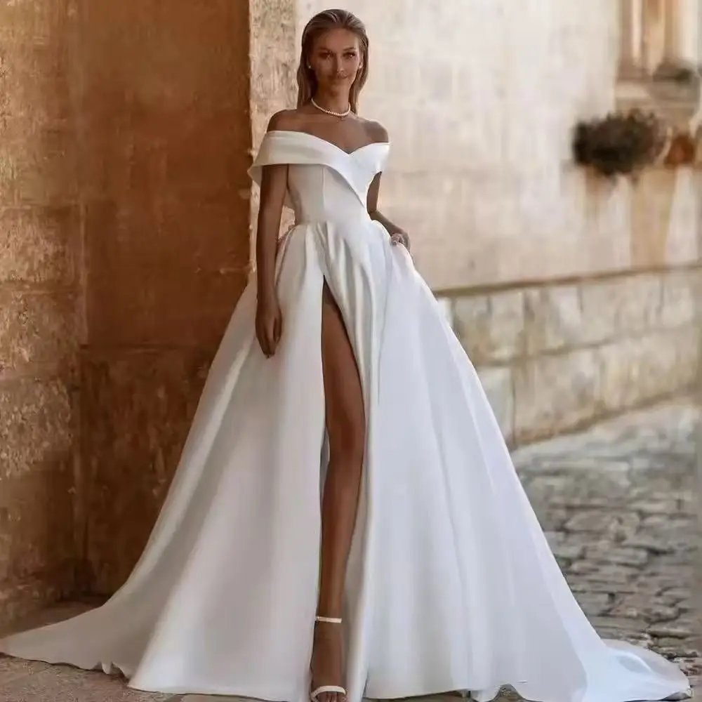

Customized A-Line Off Shoulder Satin Wedding Dresses V-Neck High Split Princess Elegant Wedding Party Bridal Gown 2026 Plus Size