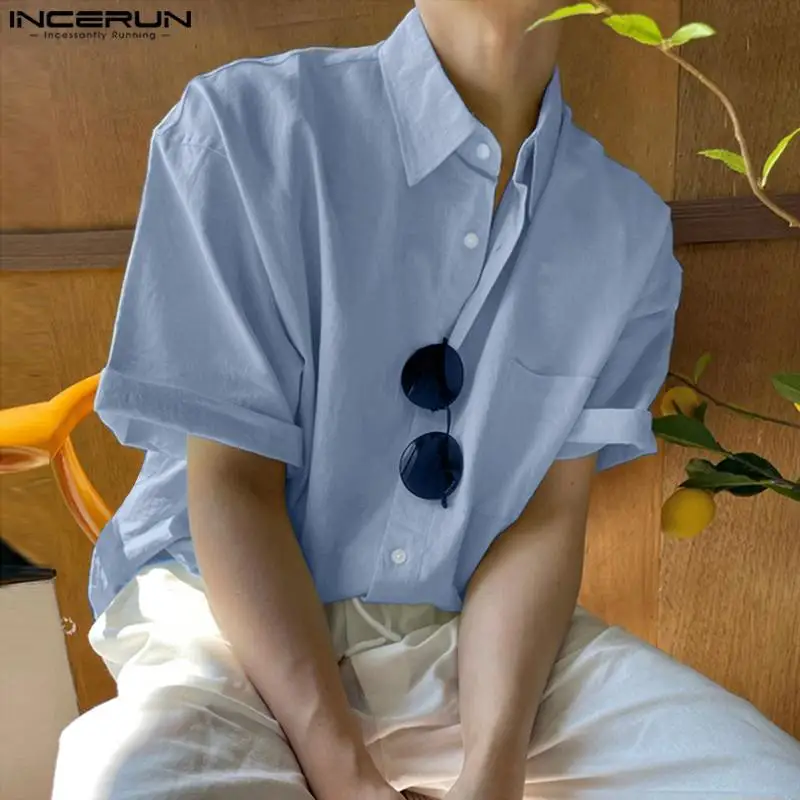 

INCERUN Tops 2024 Korean Style Men Solid All-match Shirt Summer Male Casual Streetwear Hot Sale Short Sleeved Lapel Blouse S-5XL