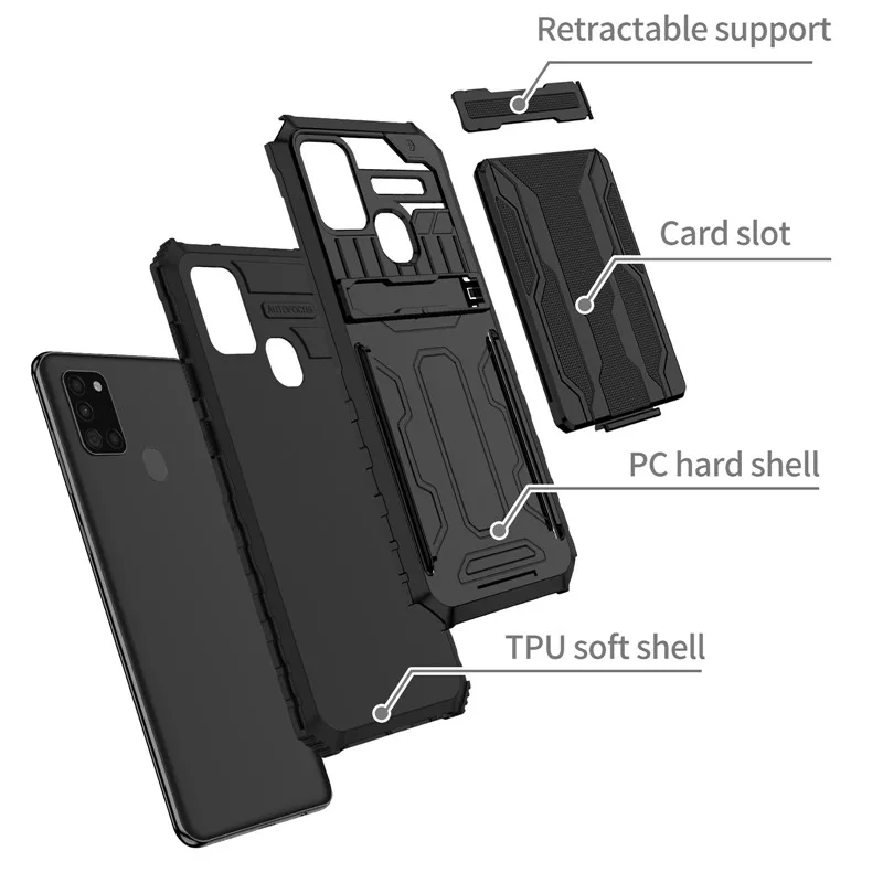 For Samsung Galaxy A21S Case 6.5 Hybrid Armor Card Holder Phone Case For Samsung A21S Case A 21S A21 S A217F Kickstand Cover