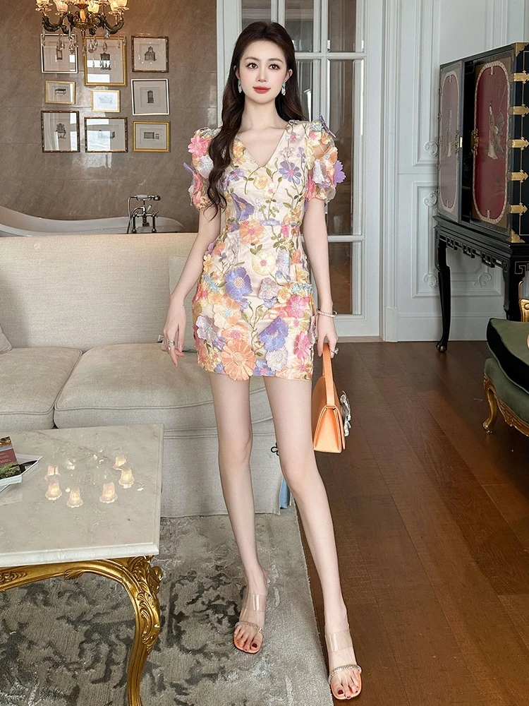 

French Design Luxury Prom Dress Women Cute Exquisite Chic 3D Petal Flower Short Gown Female Birthday Party Banquet Vestidos Lady