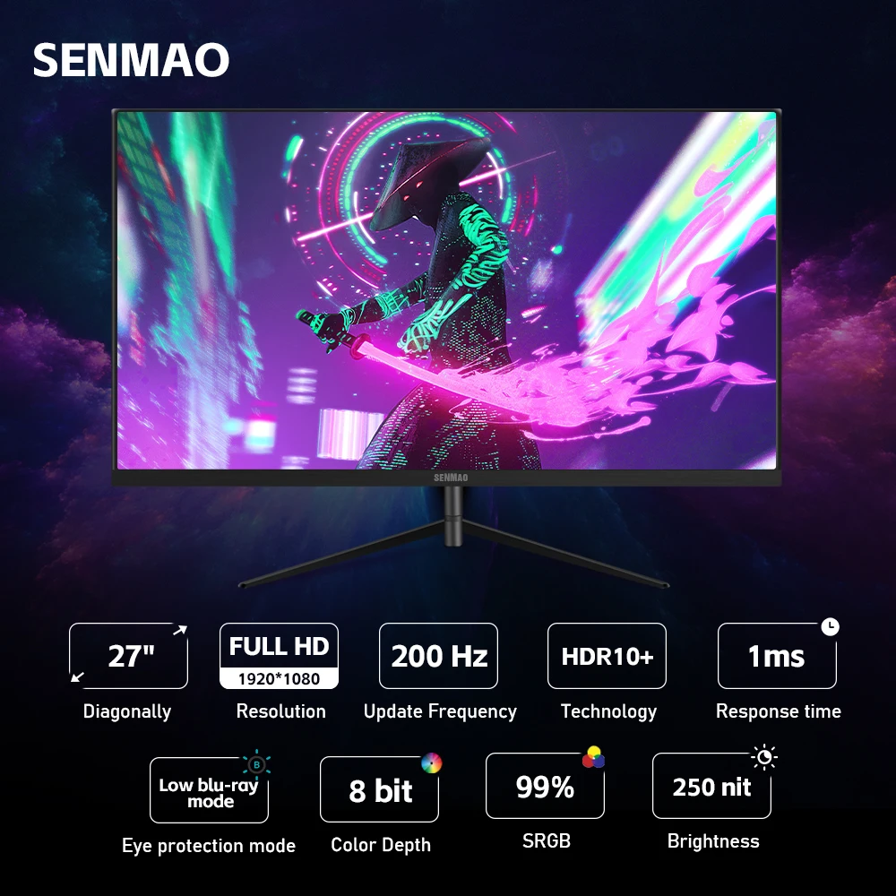 SENMAO 27 Inch Pc Gamer Monitor 200Hz MVA Lcd Display Full HD Desktop Gaming Computer Screen DP HDMI 1920×1080