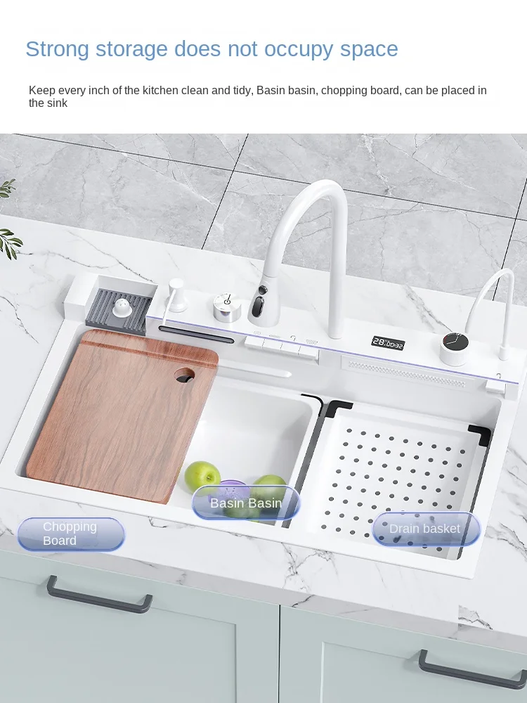 304 Stainless Steel Vegetable Washing Sink White Flying Rain Waterfall Sink Integrated Multi-functional Large Single Slot