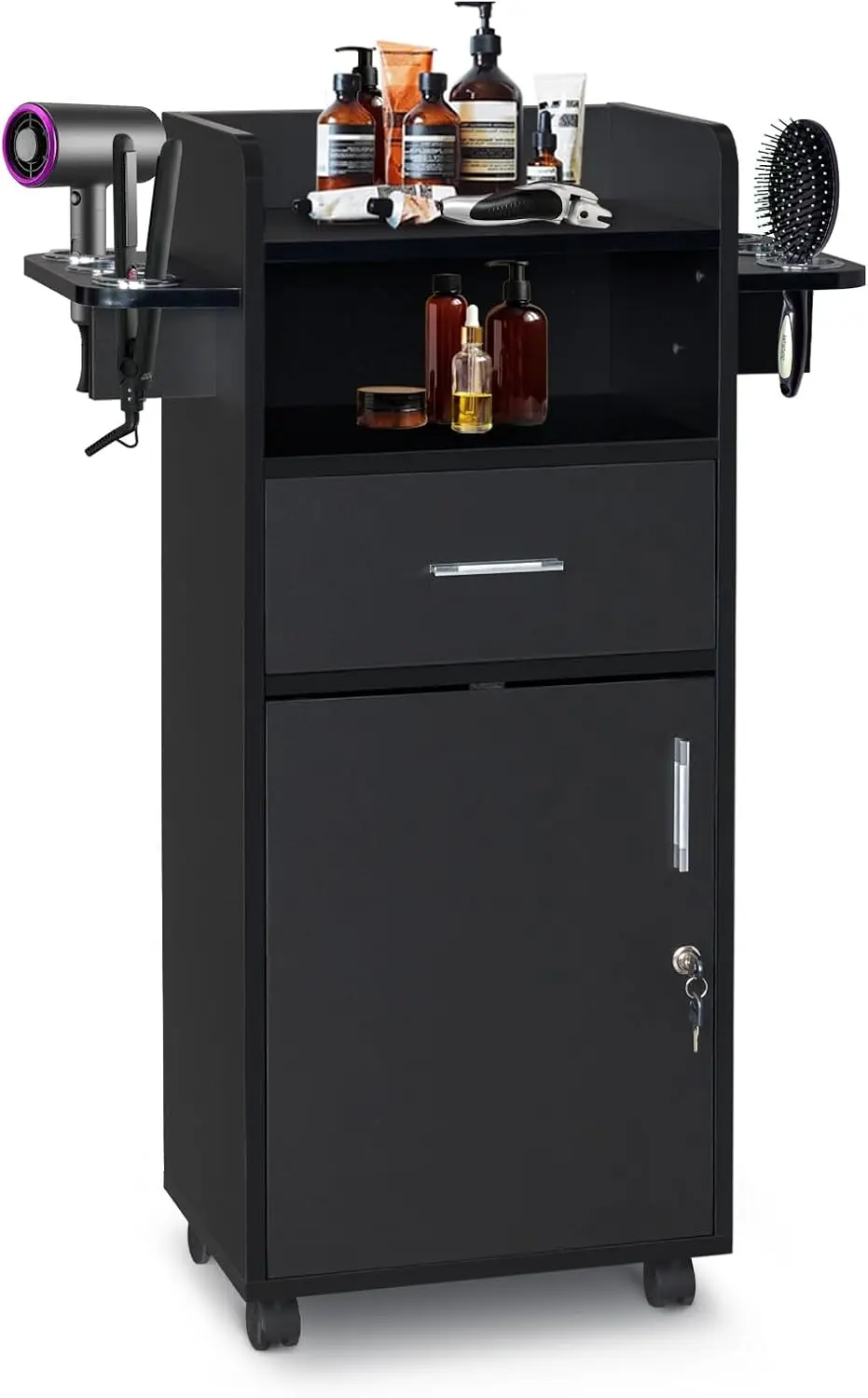 Mobile Beauty Salon Trolley Cart 6 Tool Holders 1 Drawer Lockable Cabinet 360 Wheels Rolling Station Hair Stylist Spa Barbershop
