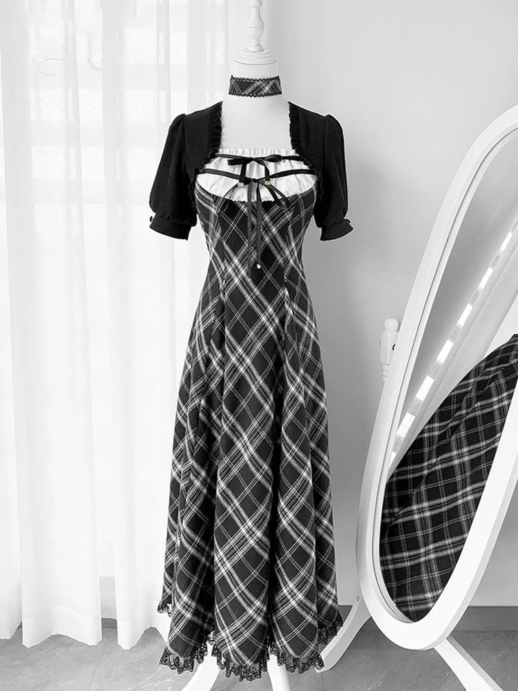 Summer 2026 Japanese Style Short Sleeve Open Cardigan Waist Cinched Plaid Dress Two Piece Set Slimming Effect Workwear Uniform