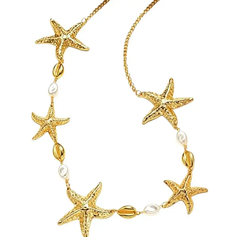 Women Bohemian Beaded Waist Belly Chain Sea Star Gold Shell Imitation Pearl Alloy Jewelry for Summer Gift