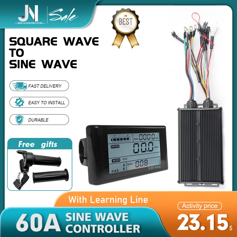 Three Mode 48V-72V Sine Wave 60A Controller Learning Function with SW900 LCD Display for BLDC 1000W-3000W Electric Bike Motor