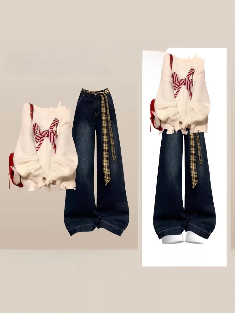 

Autumn Winter Knitted Sweater And Wide Leg Pants Set Women's Sweet round Neck Two Piece Suit Fashionable Comfortable Casual O...