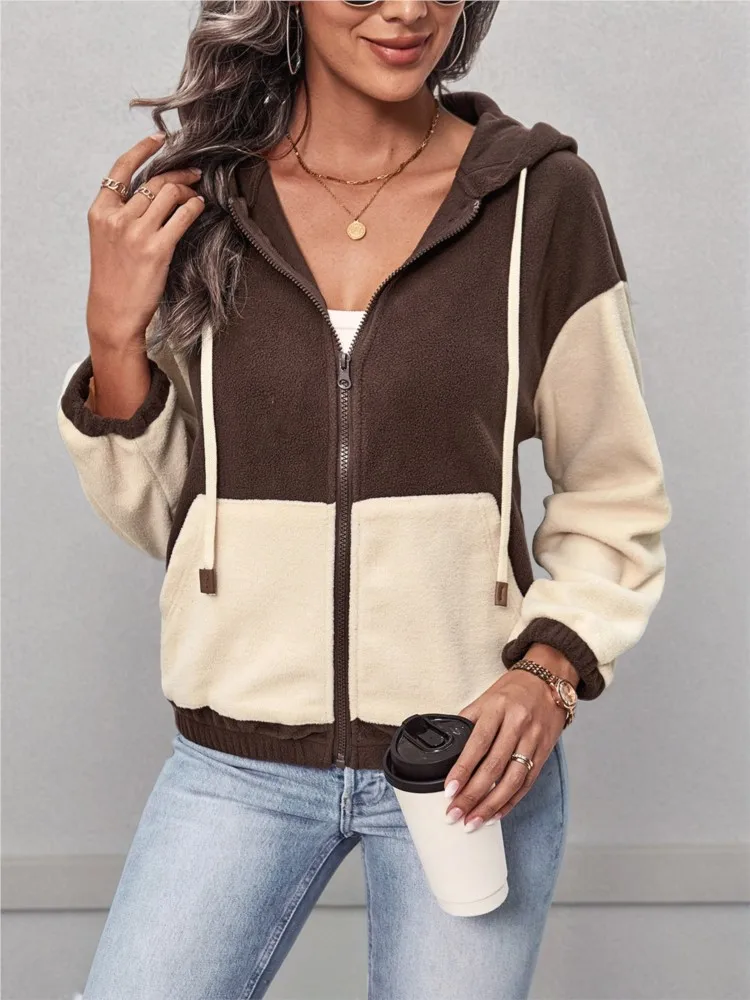 Women's Color Block Fleece Jacket Zipper Warm Jacket Stand Collar Loose Jacket 2026 Autumn And Winter Daily Casual Pocket Jacket