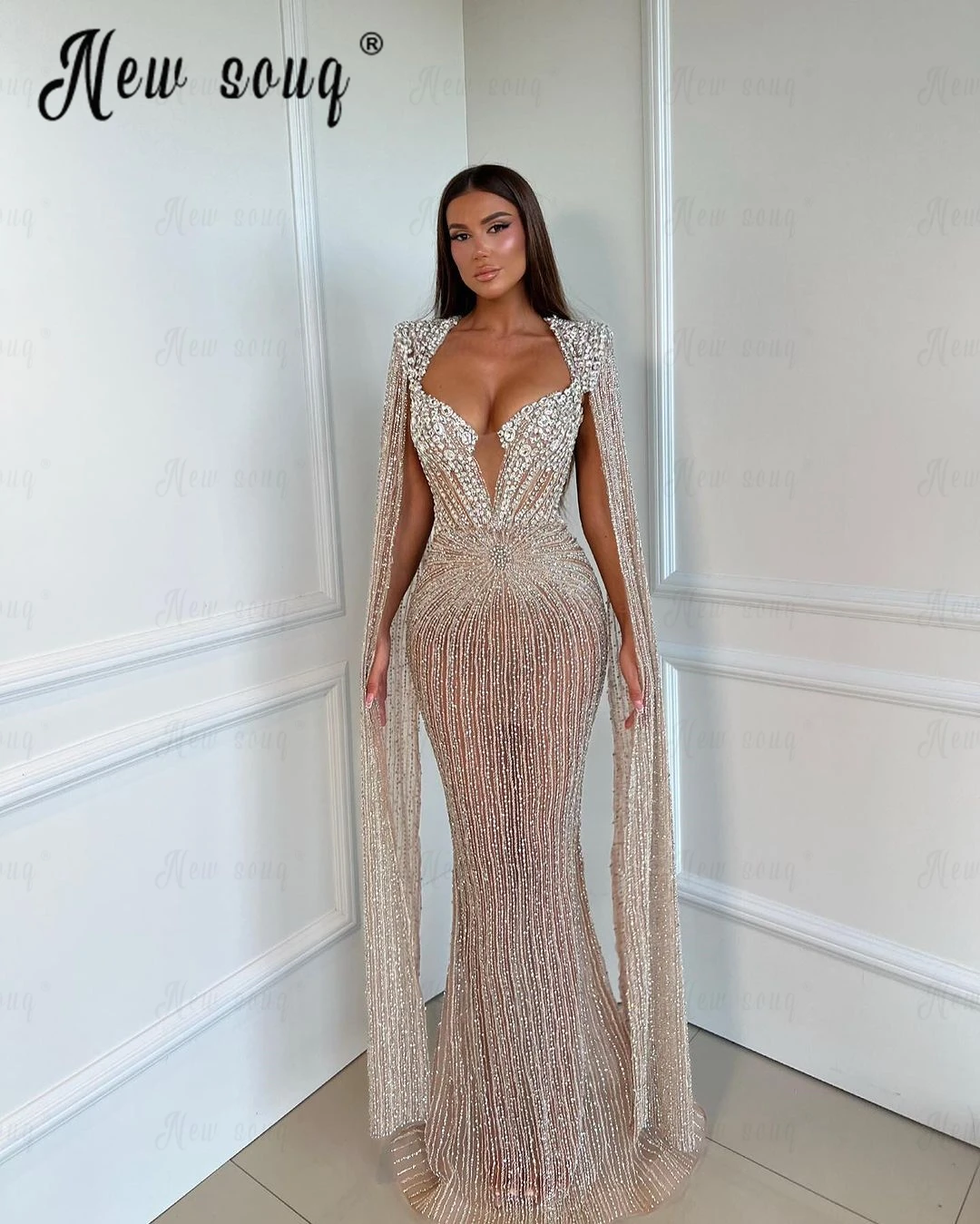 High Quality Long Cape Sleeves Full Beaded Evening Dress Arabic Beautiful Queen Anne Formal Wedding Night Gowns Celebrity Dress