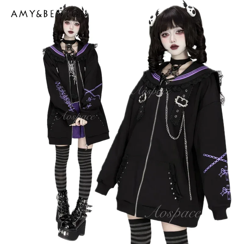 

25COSSubculture Printed Chain Long Sleeve Navy Sailor Jacket Original Gothic Printed Splicing Color Loose Mid-length Jacket Wome