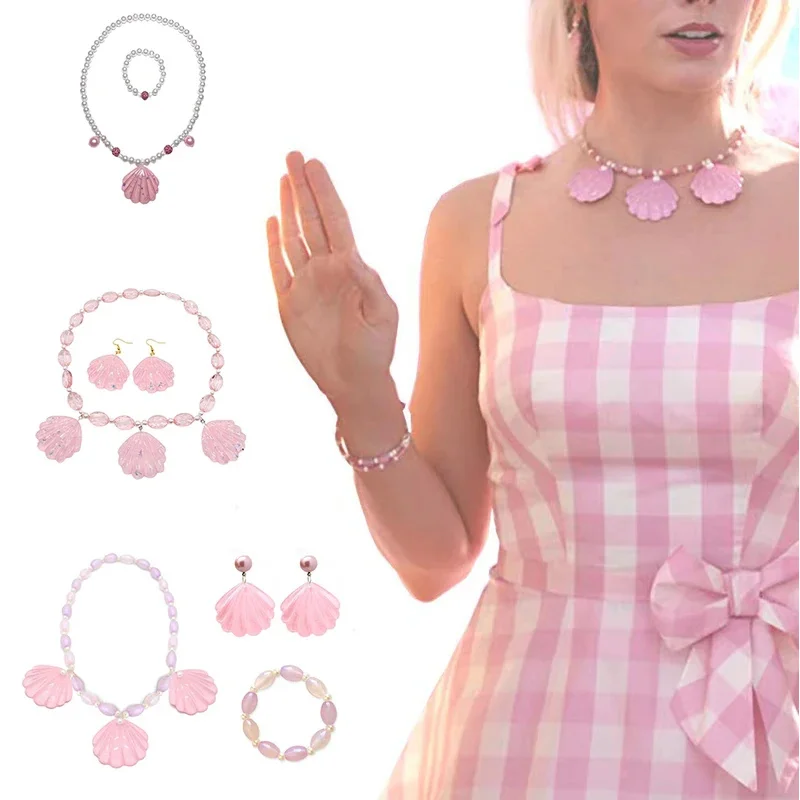 2023 película Barbi Cosplay collar pendientes pulsera para mujer Margot Robbie concha rosa disfraz accesorios a juego