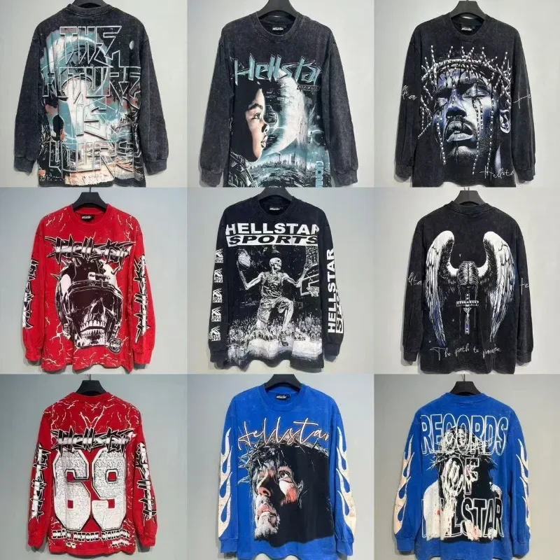Hellstar Vintage Graphic Print Couple Fall New High Street Casual Versatile Long Sleeve Tee Unisex Men Women