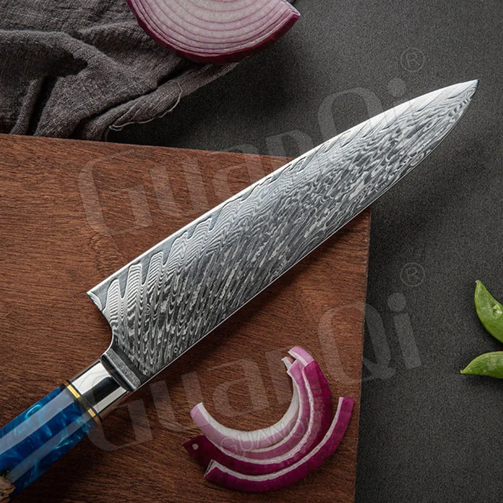 8 Inch Damascus Steel Kitchen Chef Knife Resin Handle Damascus Steel Pattern Kitchen Knives Slicing Cutting Meat Chef Knife