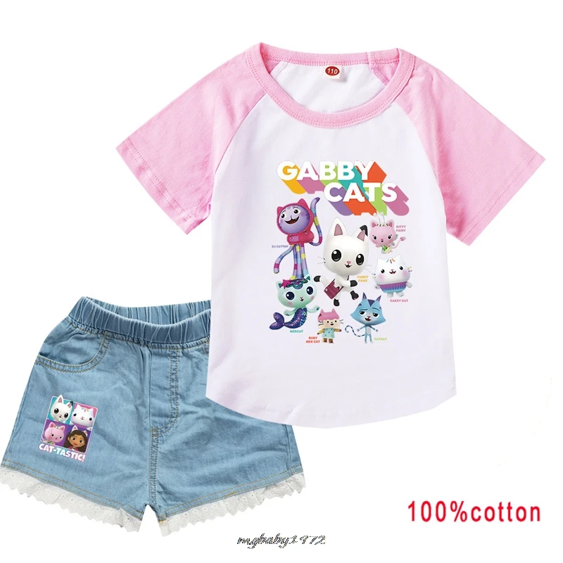 Lovely Gabby Cats Children Outfits Summer Suits Jeans Shorts+Short Sleeve Tee Sweatshirt Clothes Toddler Girls Tracksuit Sets