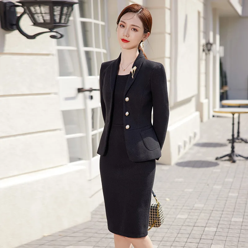 2023 New Autumn Work Wear Women's Suit Elegant Solid Blazer +Sleeveless Dress 2 Piece Set Single Breasted Jacket Plus Size S-5XL